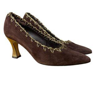 Bally Vintage Chiffon Suede Pointed Toe Gold Tone Woven Heels Pumps Sz 7.5